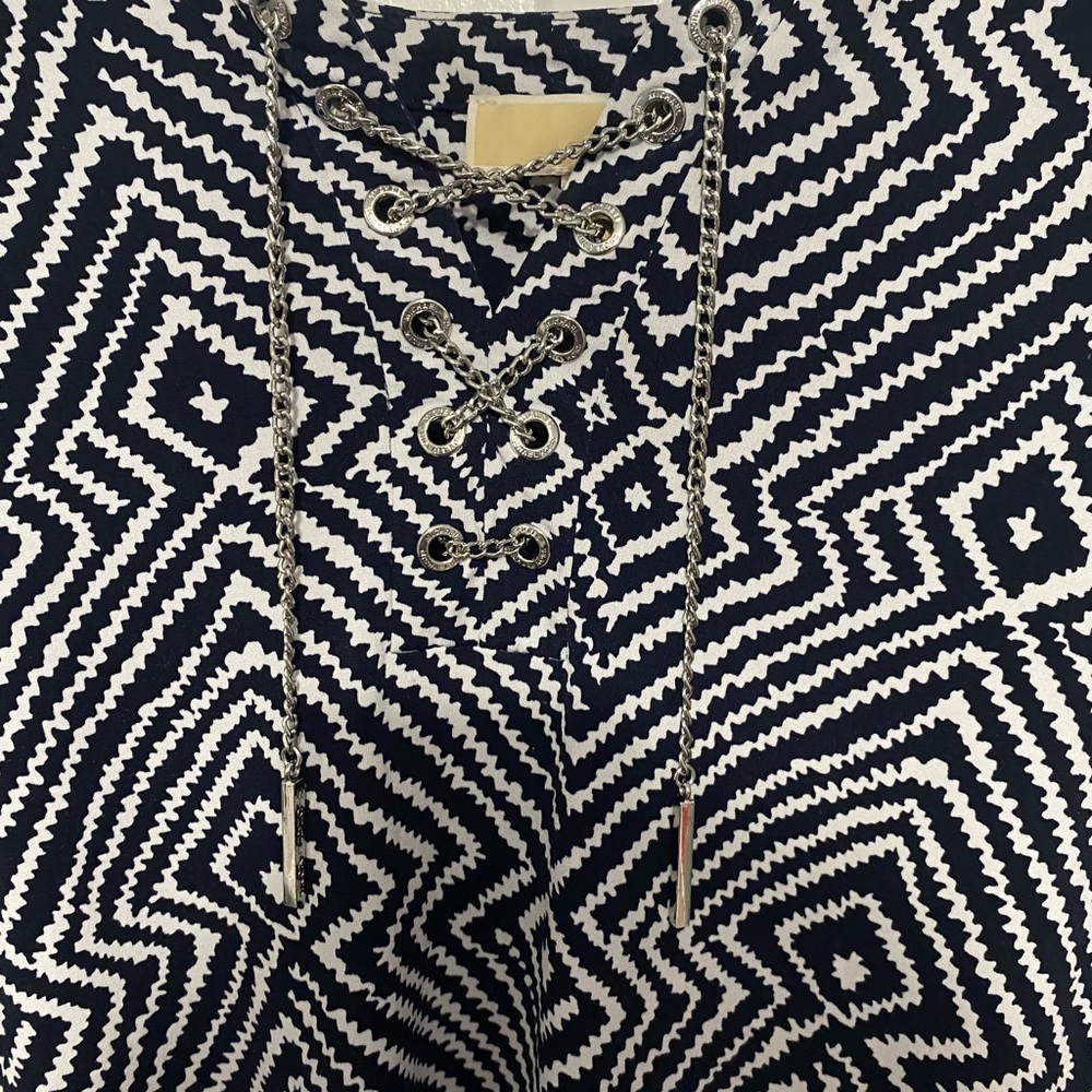 MK Navy and White Geometric Lace-Up Top